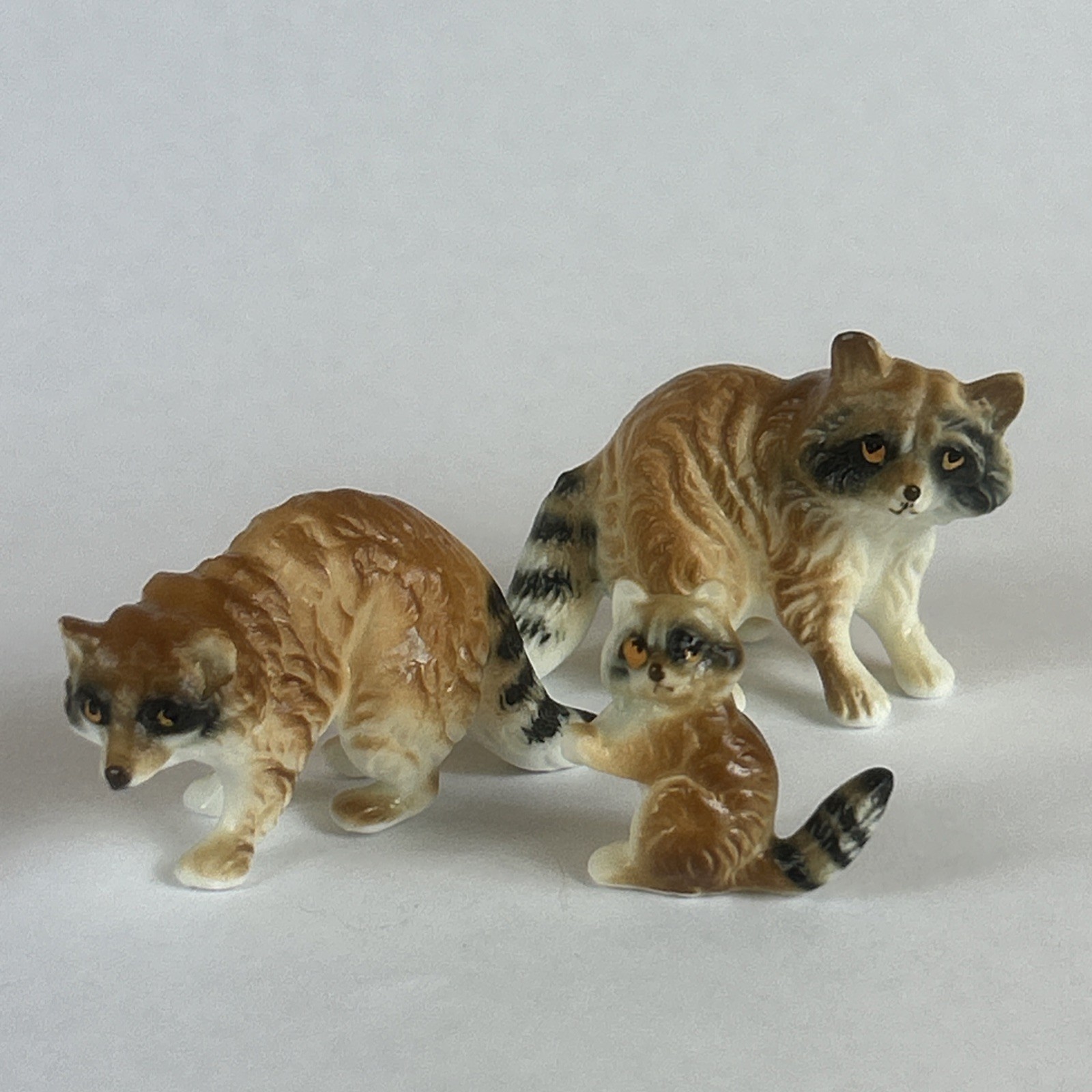 Vintage Raccoon Miniature Figurine Family Of 3 Bone China Japan