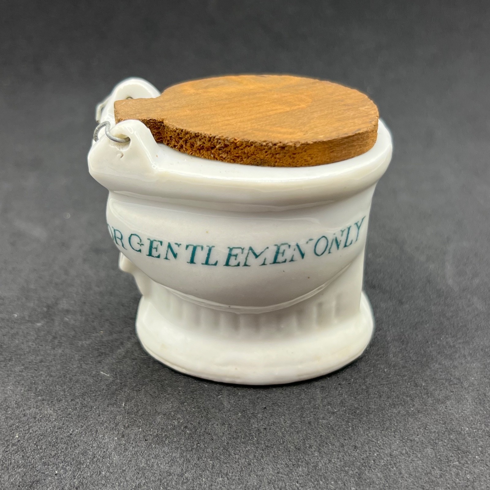 Vintage Japan Porcelain For Gentlemen Only Toilet Figurine Wood Lid MCM