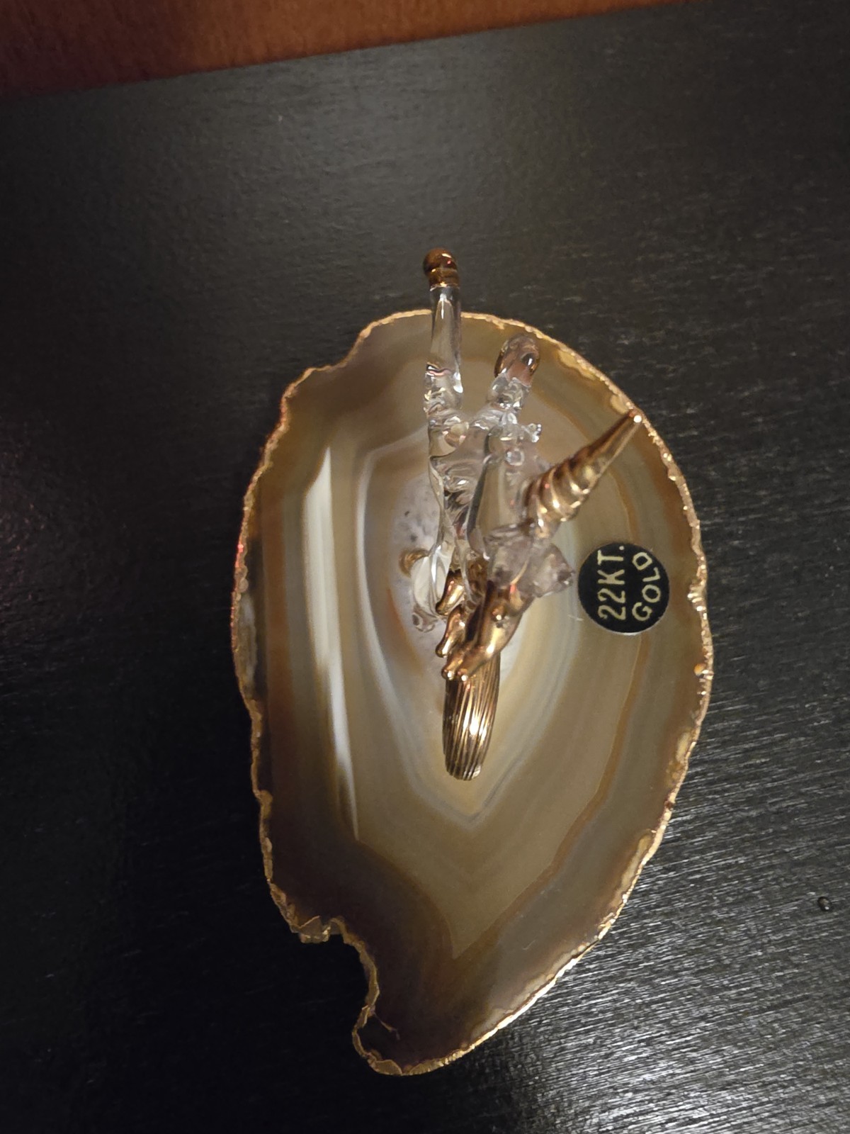 Glass Unicorn 22kt Gold on Brown Agate Stone Slice- Glass Baron