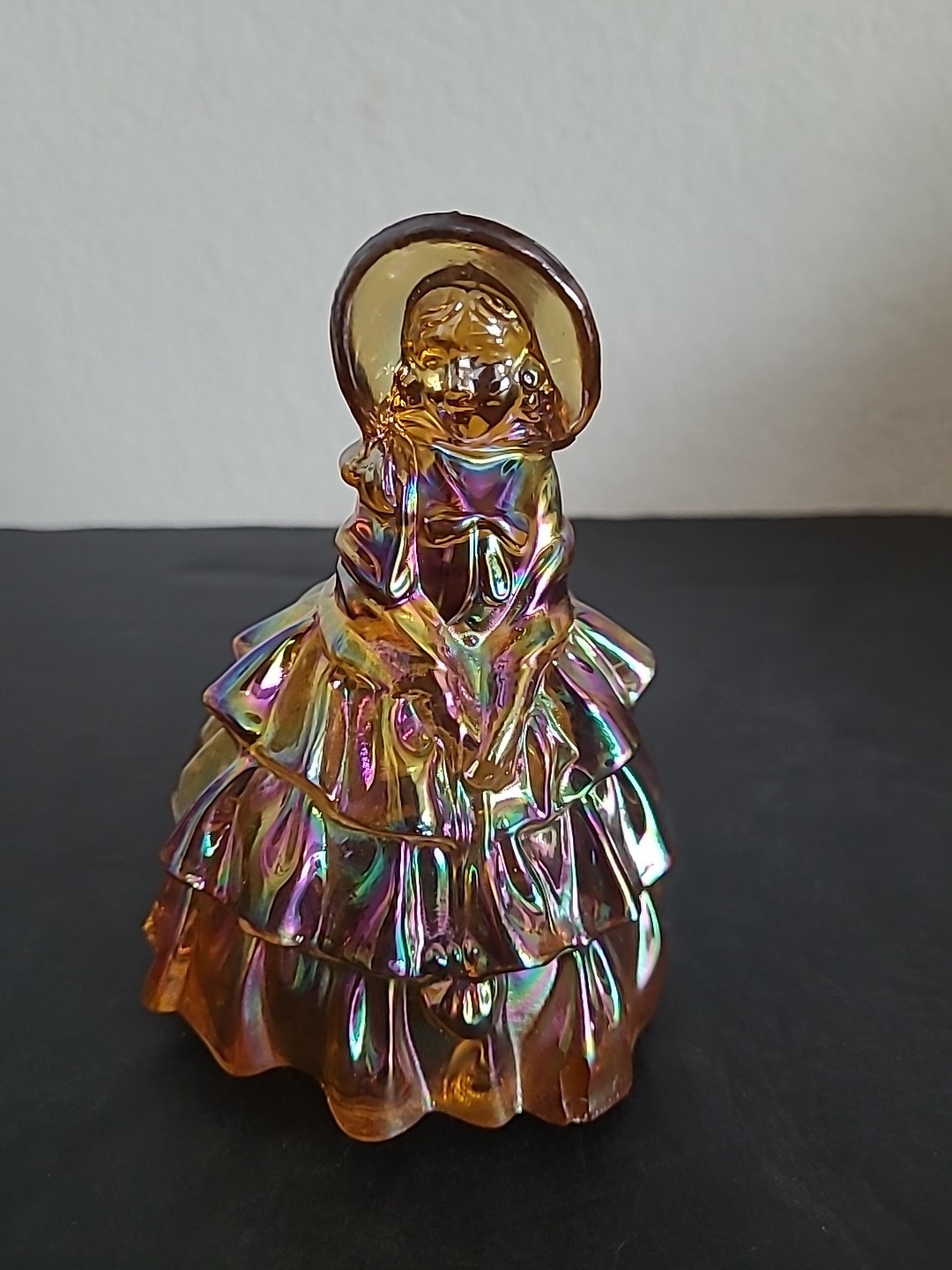 Amber Carnival Glass Irridescent Colonial Victorian Lady Figurine Vintage