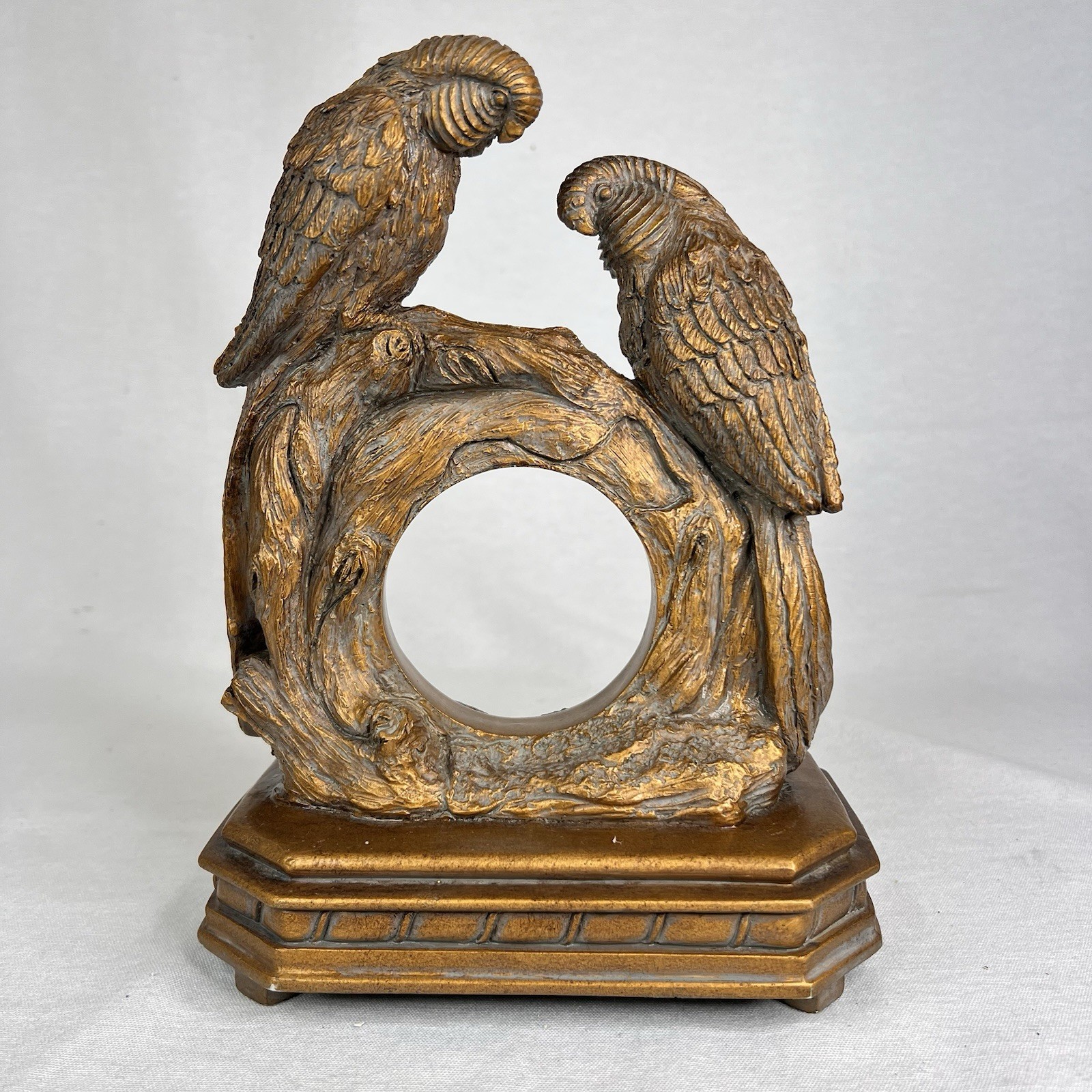 Parrots Sculpture On Platform 10 in. Clock Or Photo Holder -Beautiful Brass Look