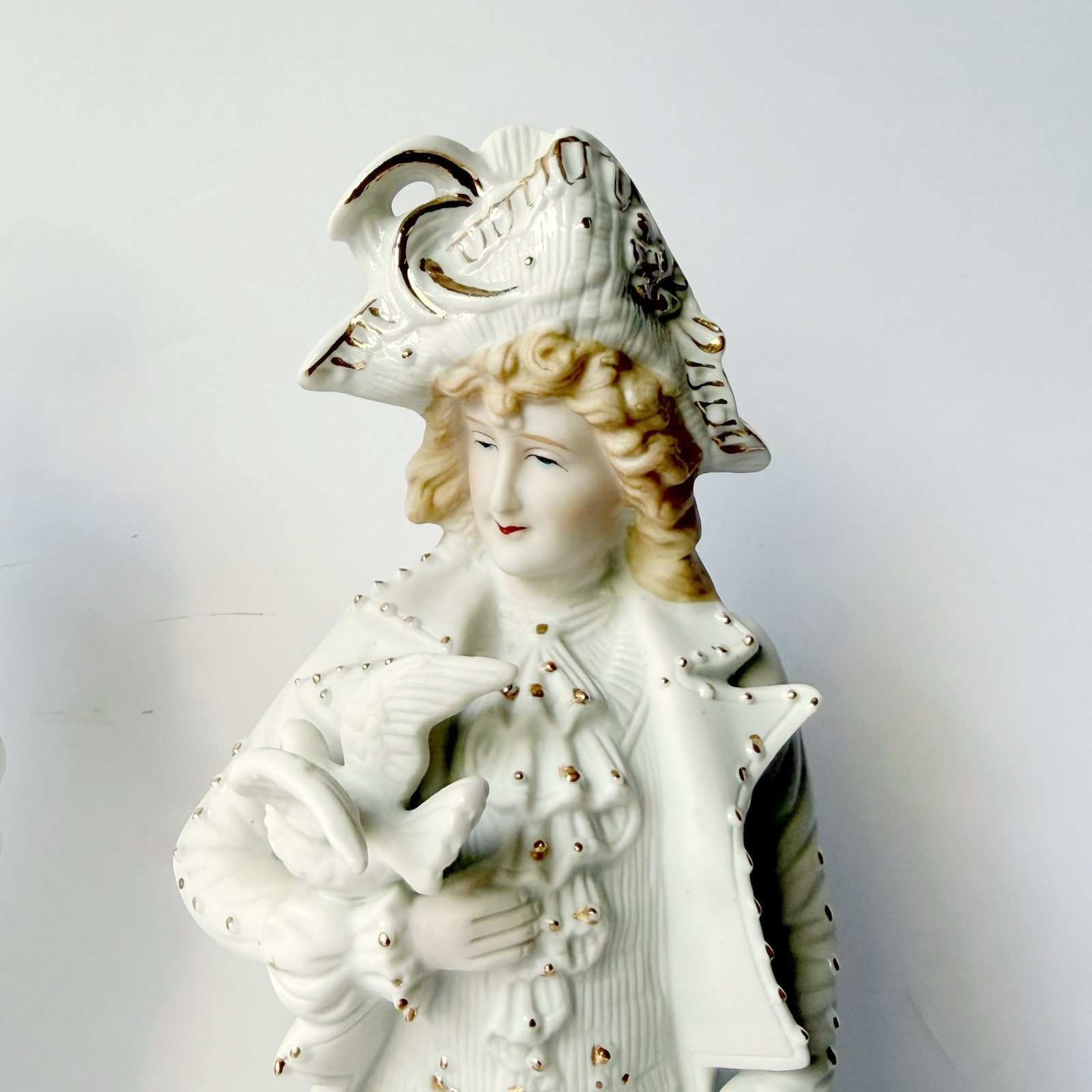 Vintage Pair of Rococo Baroque Couple Figurines Doves White Bisque Porcelain 12”