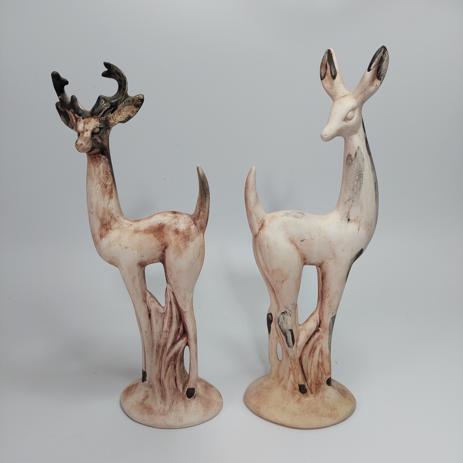 MCM Rustic Country Ceramic Hand-painted Matte Deer Pair 12″Figurines Unique