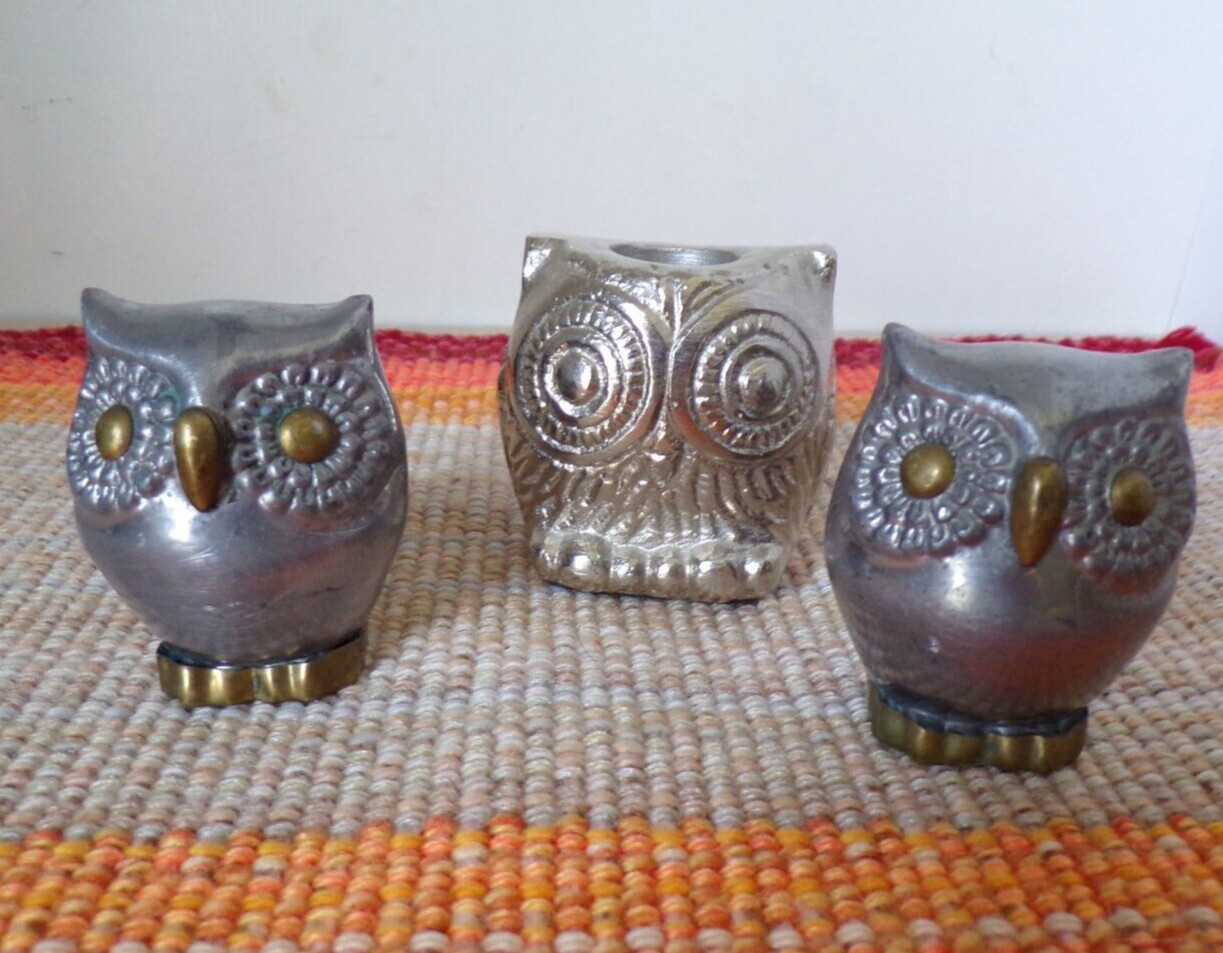 Set of 3 – 1 Candle Holder & Pair Metal Silver & Gold Toned “Owl” Stout Figurine