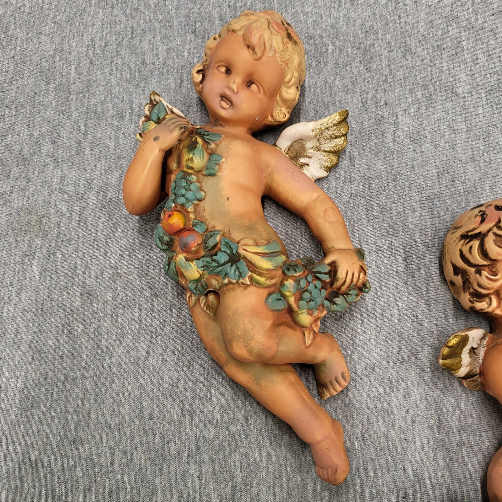 Vintage Ceramic Cherub Putti Wall Plaque Pair Harvest Fruit Angel Set of 2