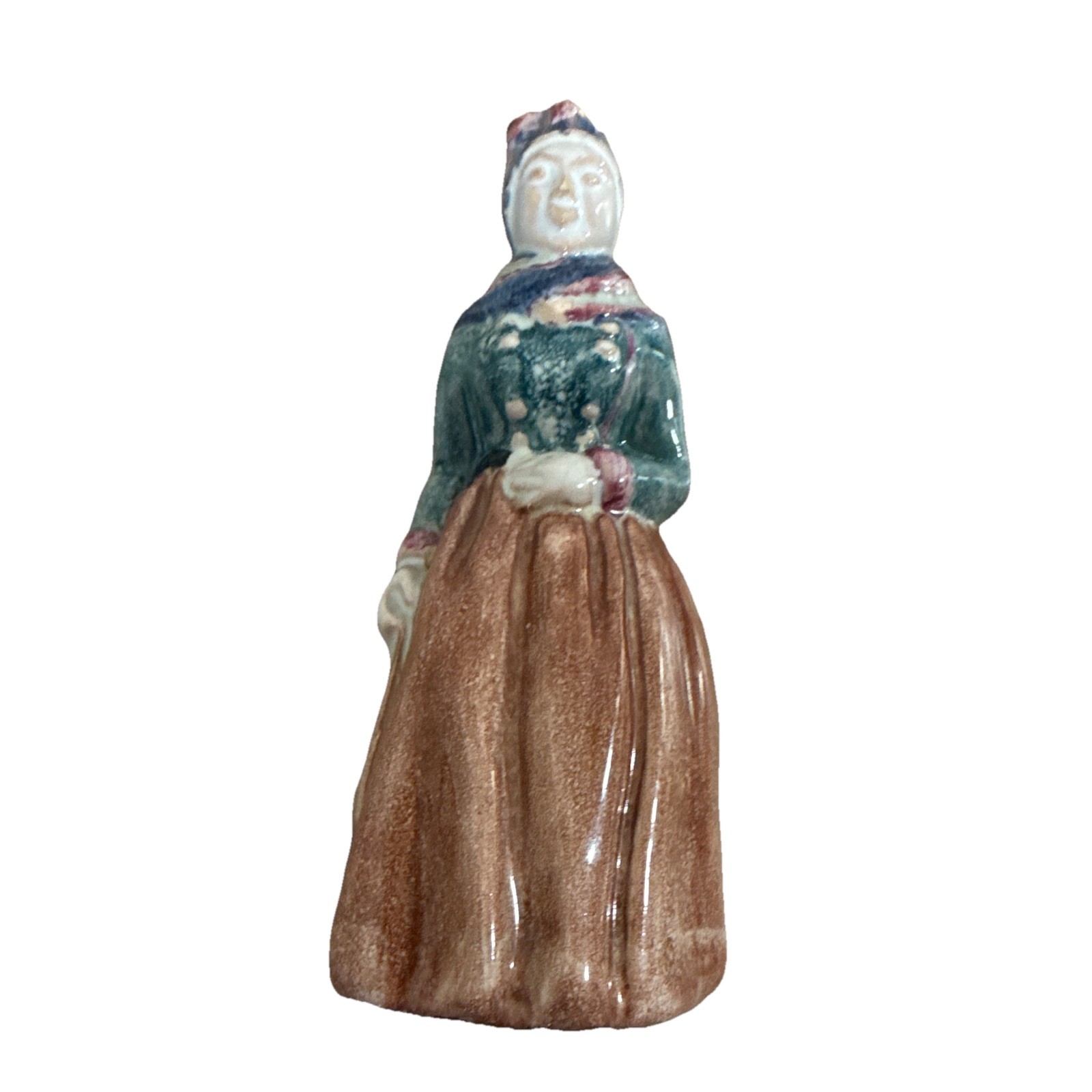 Hand Painted Glazed Ceramic Woman Figurine – Brown Green White Pink