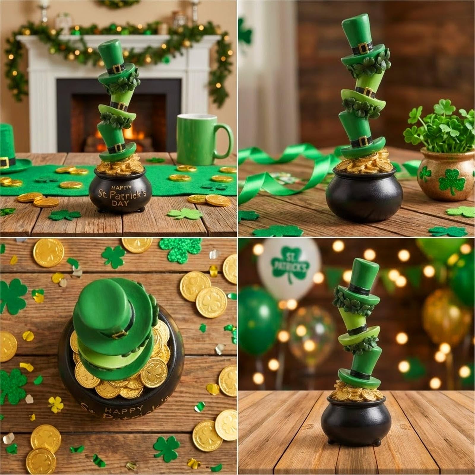 St Patricks Day Pot of Gold Hat Figurine, 11.2″ H Resin Saint Patrick’s Statu