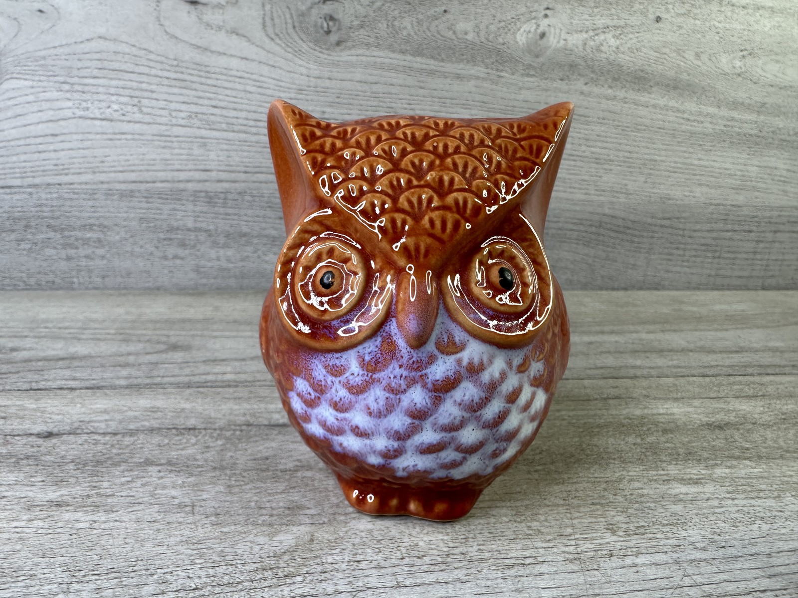 Vintage Ceramic Owl Figurine Burnt Orange White Speckled Glaze Decorative Statue