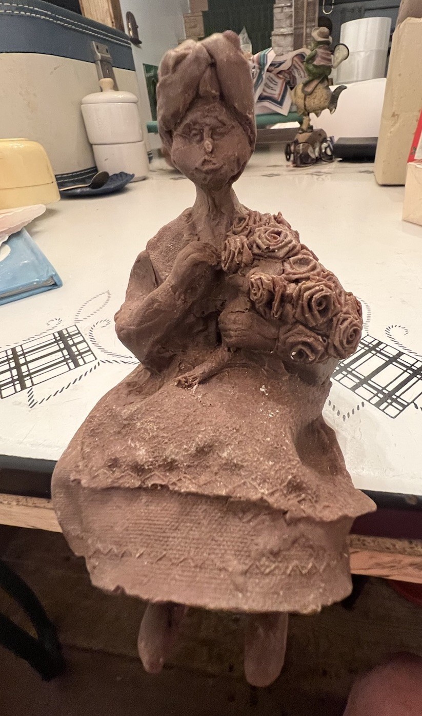 Vintage Look Like Clay (Resin?) Primitive Women With Flowers Shelf Sitter
