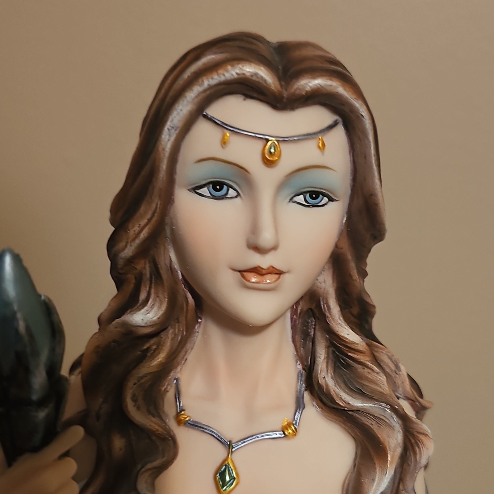 Fantasy Fairy Woman Figurine with Blue Dragon Blue Dress Painted Resin Statue