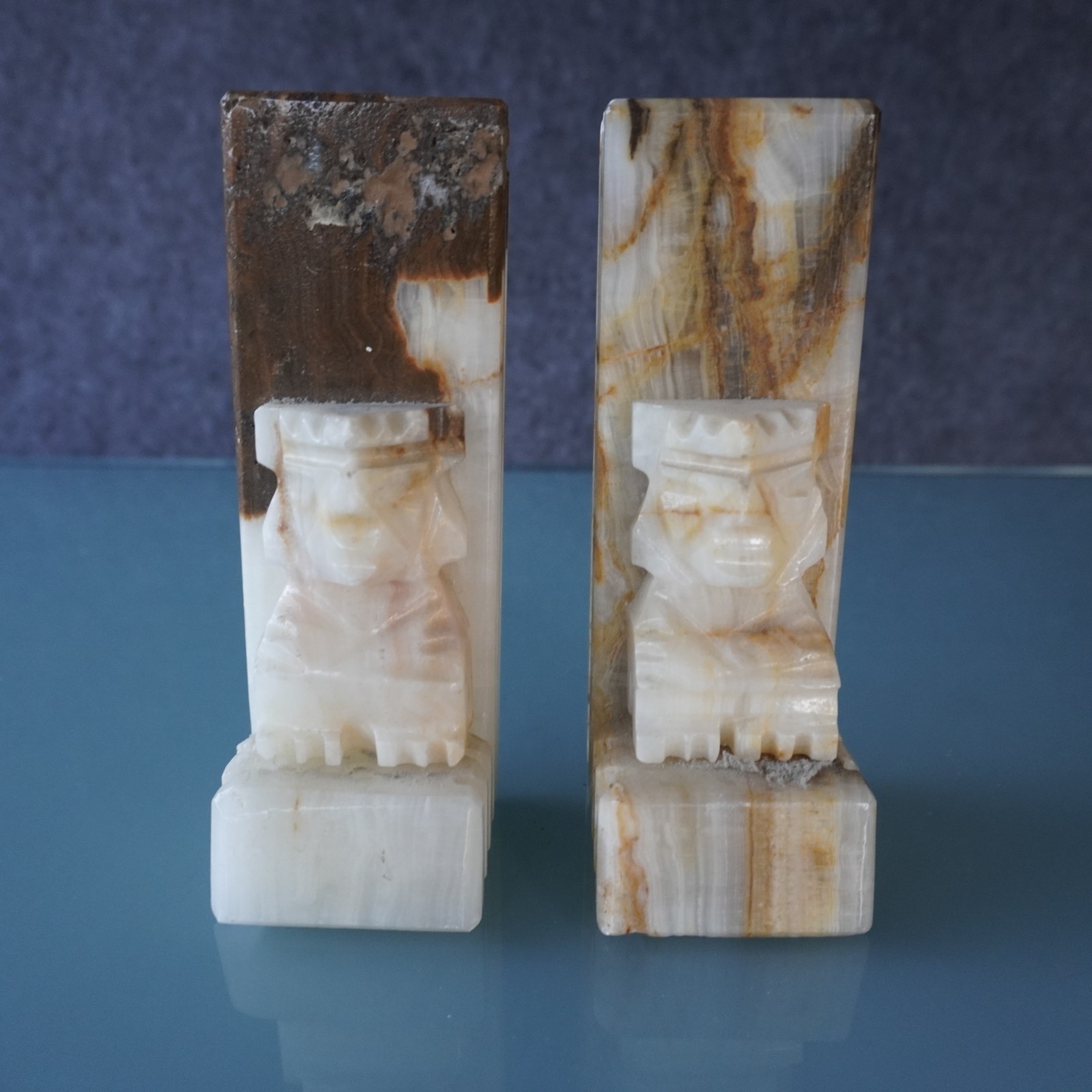 Vintage Mexican Onyx Bookends Carved Aztec Mayan Tiki Stone Book Ends MCM Heavy