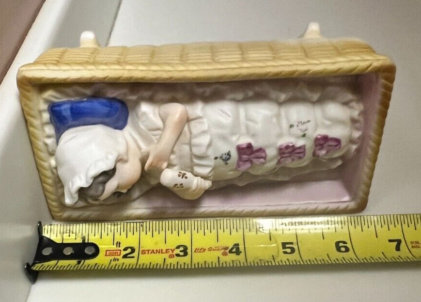 Antique Piano Baby Bisque Porcelain Heubach Girl In Rocking Cradle 6.25”