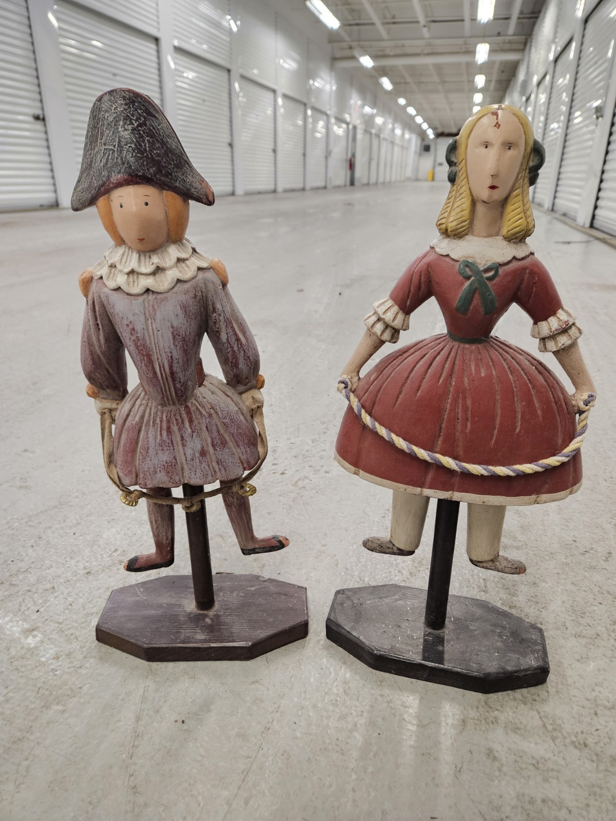 Wood Carved Antique Folk figurines, Both With Stand/Mount . Made in Indonesia.
