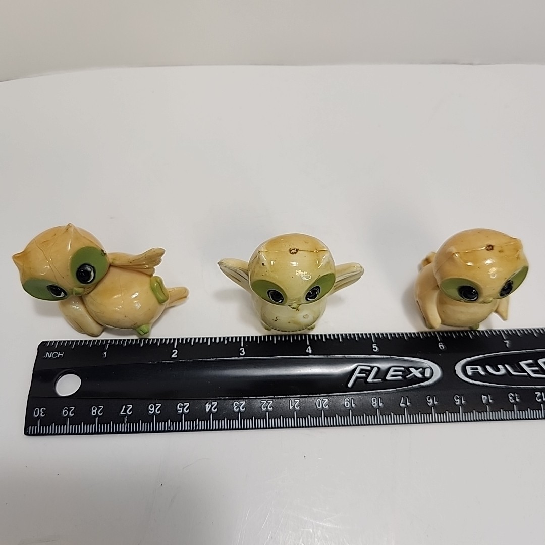 Vintage Retro MCM Miniature Wide Eyed Owl Figurines Celluloid Shelf Sitter Decor