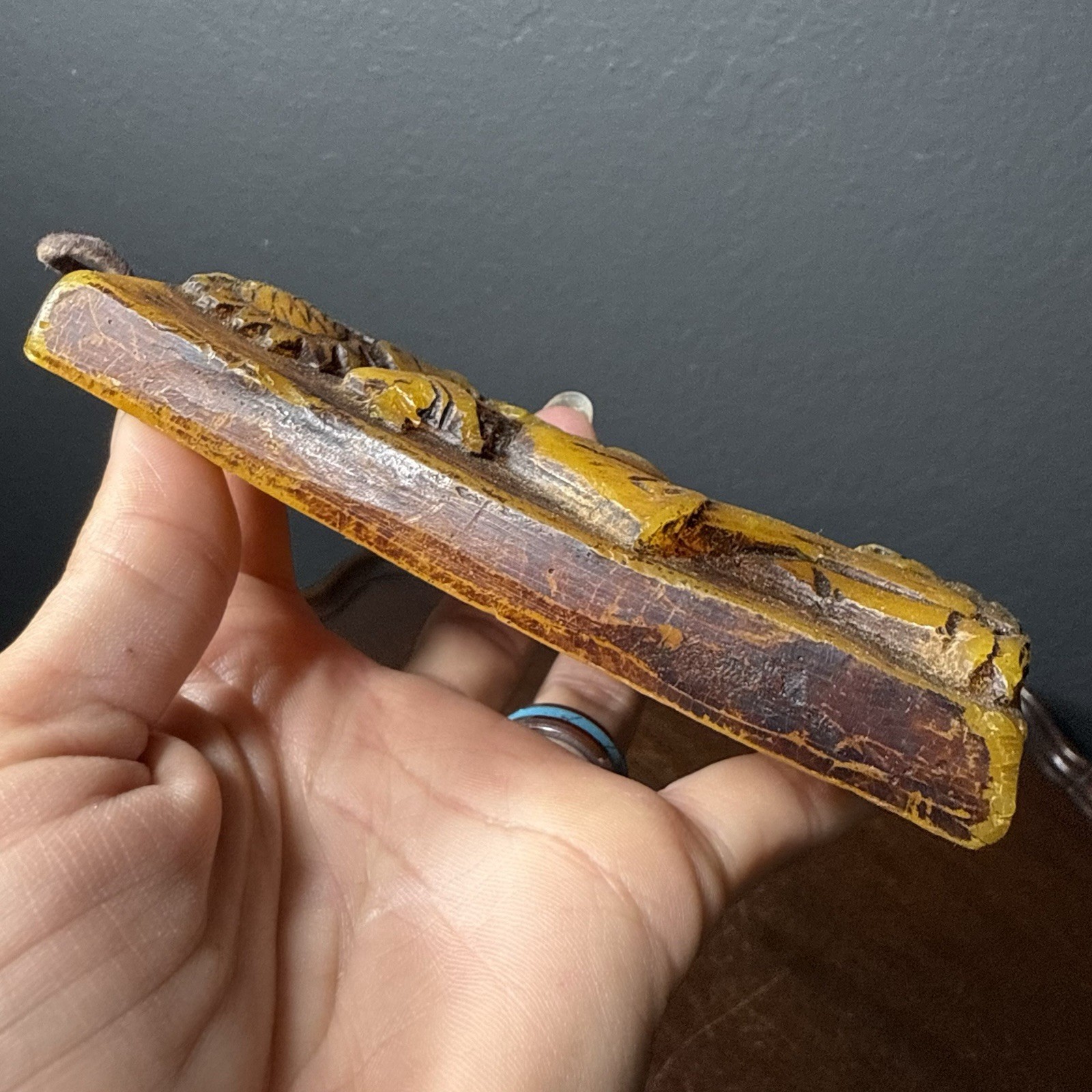 Vintage Hand Carved Wax Wall Hanging 3D Plaque Sunflower Child Decor 4.5″x2.5″