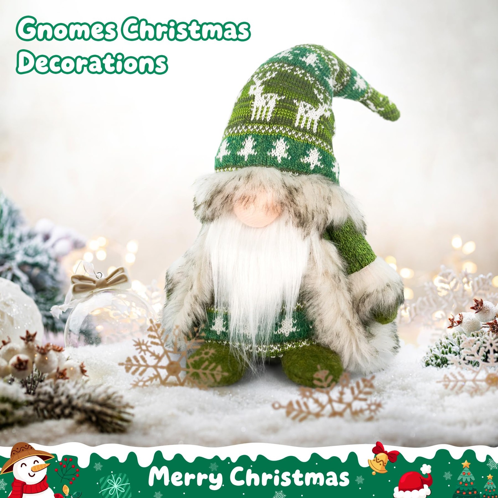 Gnome Christmas Decorations – Plush Nordic Figurine with Green Reindeer Knit …