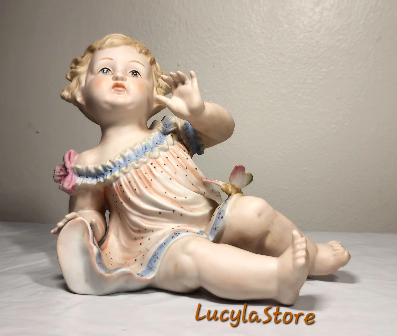 Mid-Century Andrea by Sadek Bisque Porcelain Piano Baby Figurine Girl Butterfly