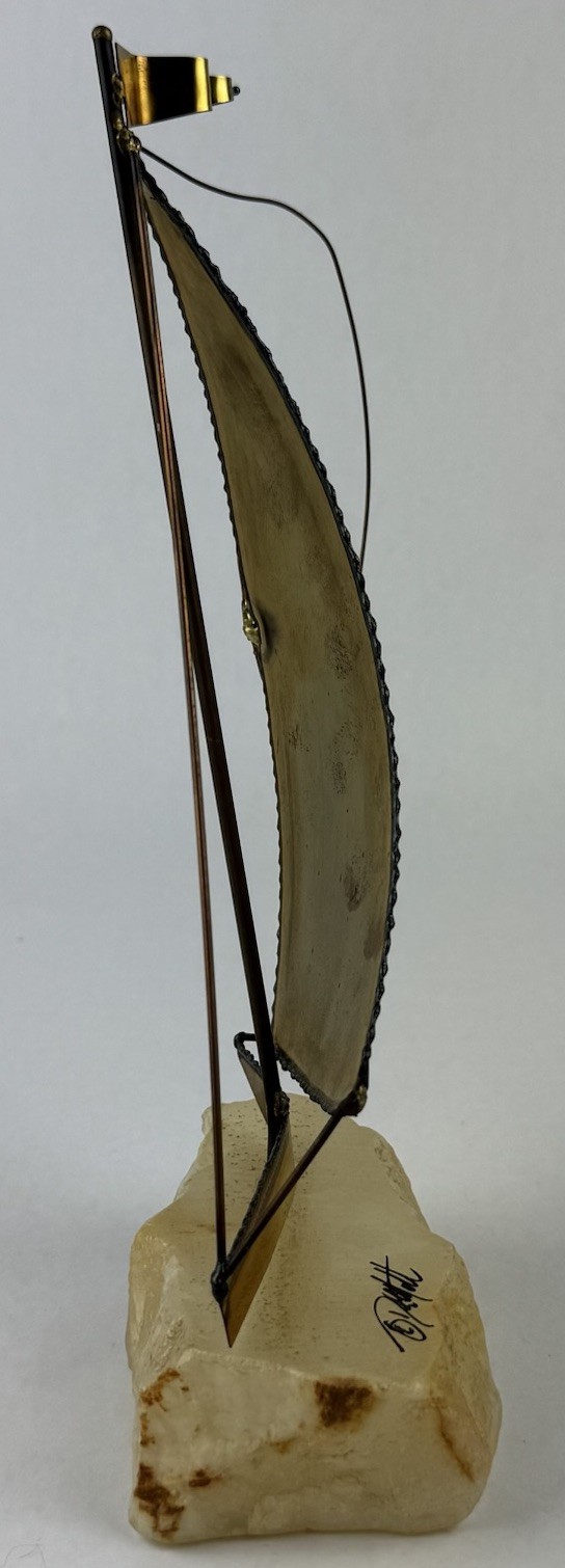 Copper Sailboat Sculpture Stone Base Metal Vintage 9.75″ Signed John DeMott MCM