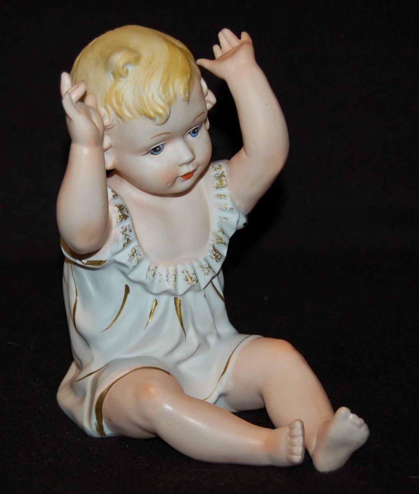 VINTAGE Bisque Porcelain Piano Baby Figurine Girl Large 7″ c.1950’s VERY CUTE!