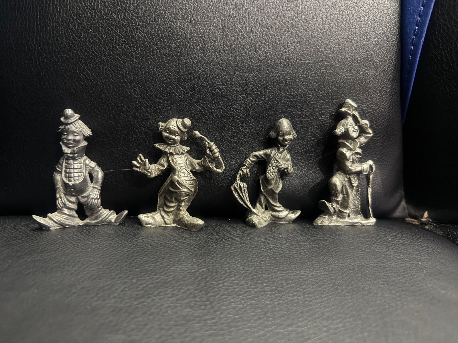 Vintage Pewter Clown Figurines Collectible Polished Silver Tone set of 4