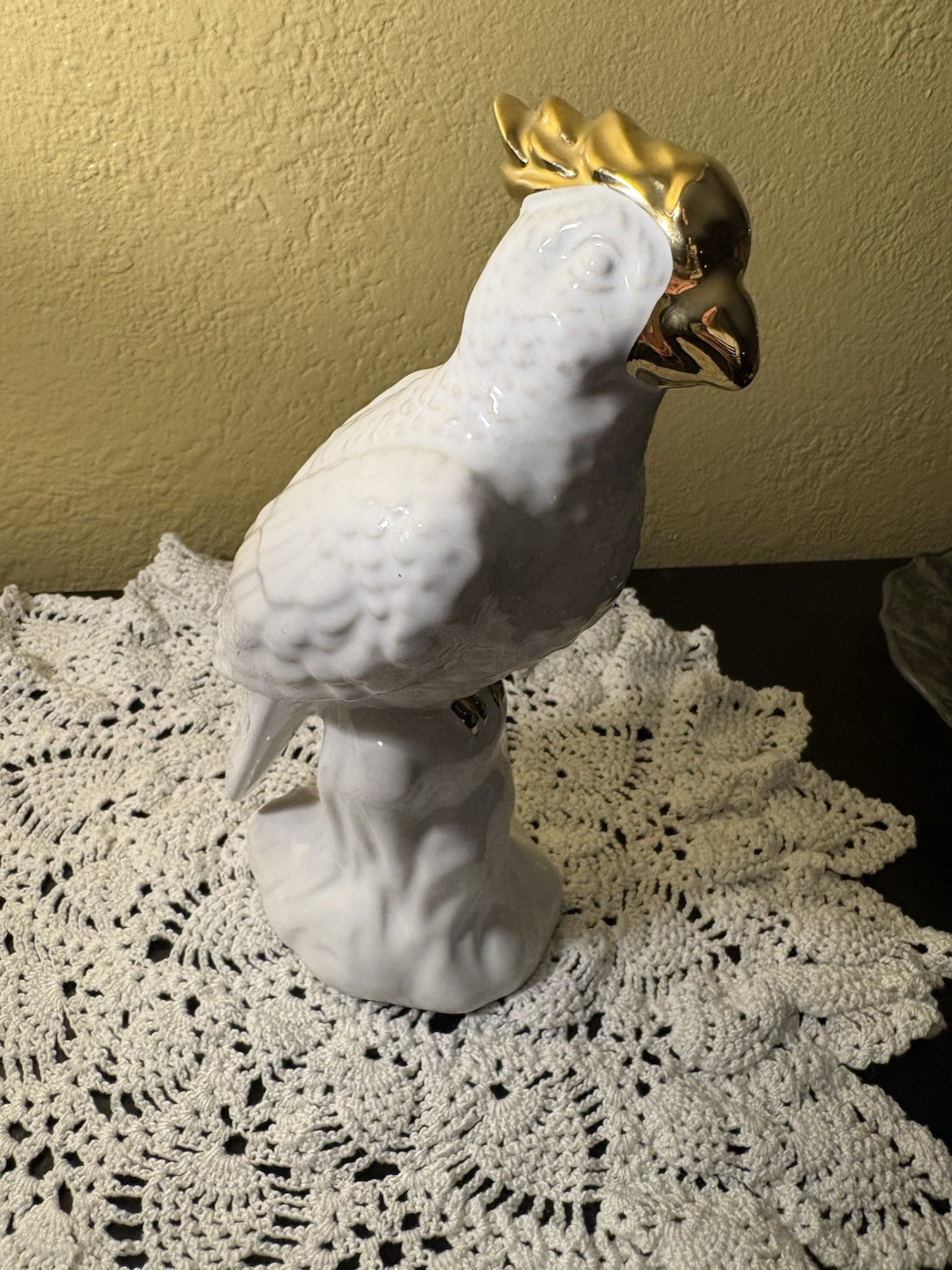 Vintage White Porcelain Cockatoo Parrot Figurine With Gold Accents 8.75″ Tall