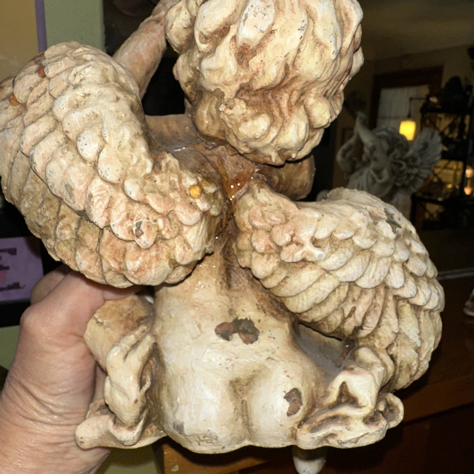 PAIR OF VINTAGE SITTING ANGEL CHERUBS BLOWING HORNS ~ SET OF 2 SIGNED