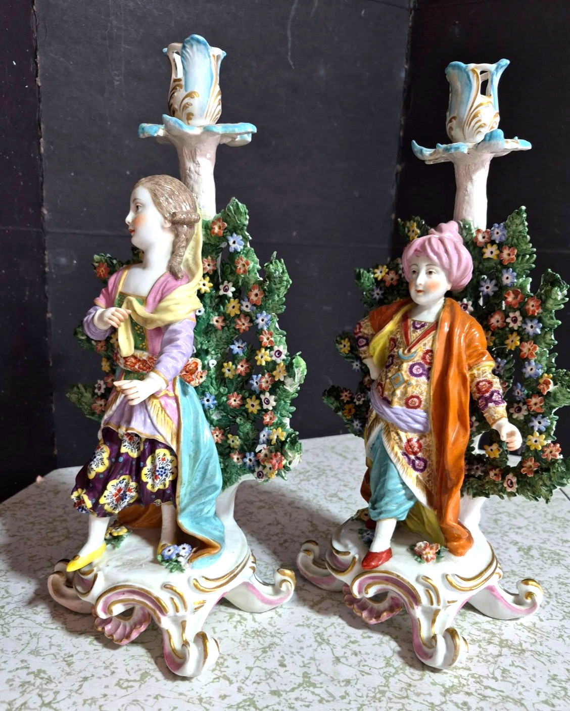 Antique English Chelsea Porcelain Figurine Couple, 13″ high. RESTORED.