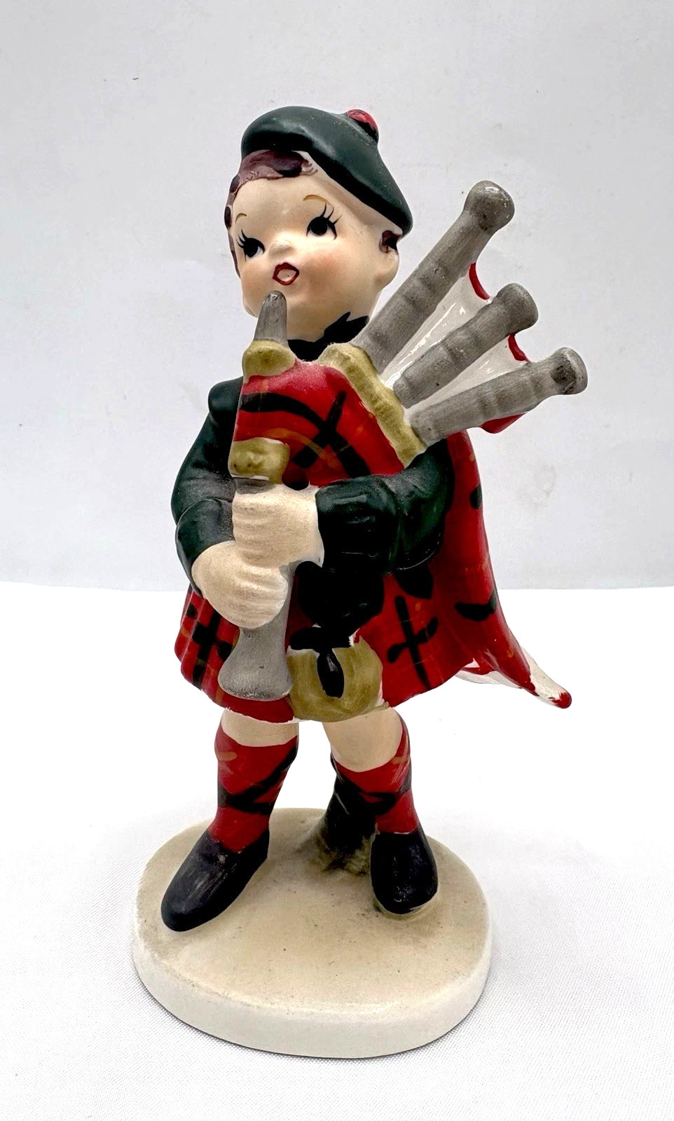 Lefton VTG Ceramic Boy Scottish Bagpiper Figurine Hand Painted Plaid Sculpture