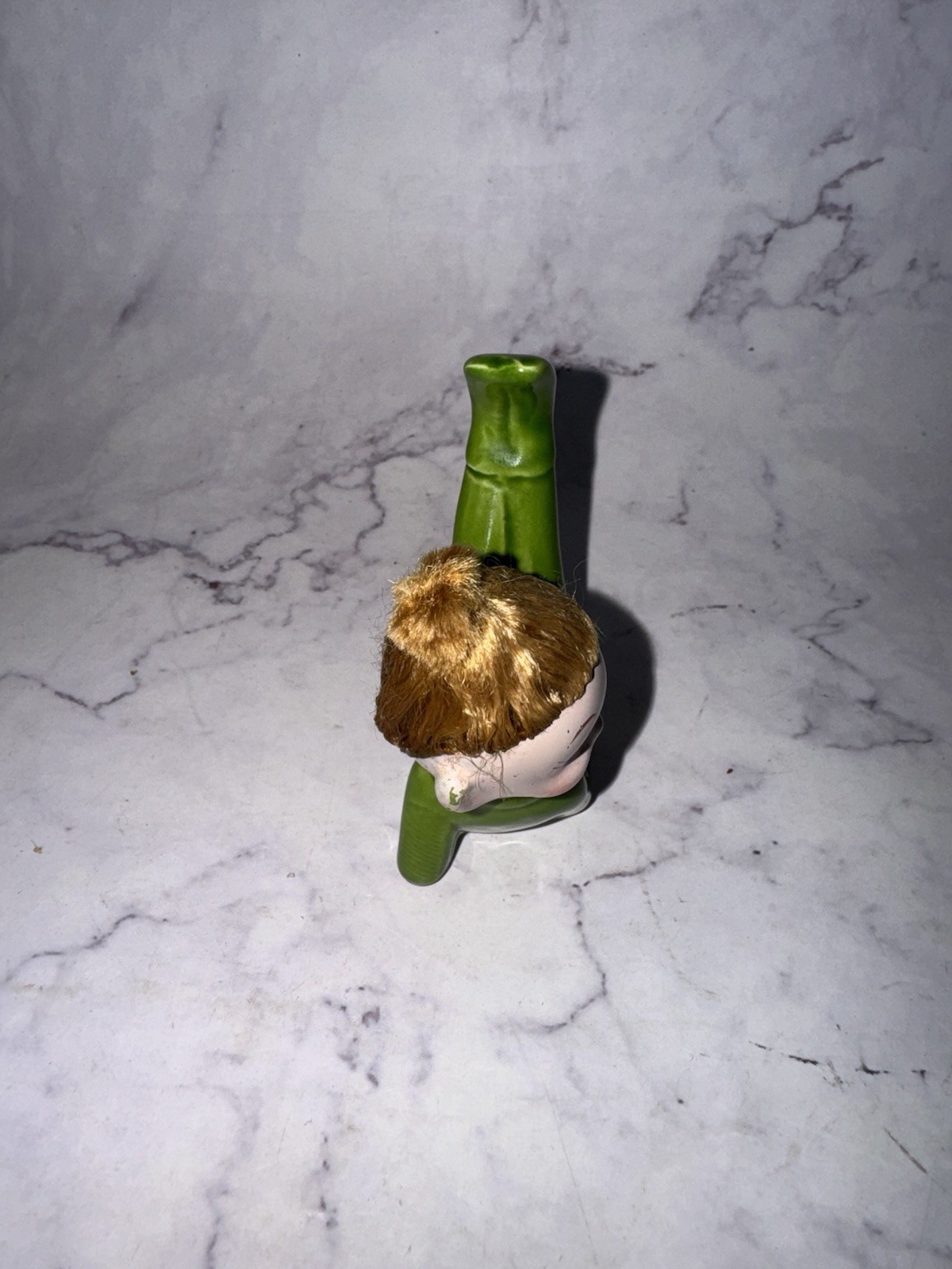 Vintage Green Ceramic Girl Pixie Elf Figurine with Blonde Hair
