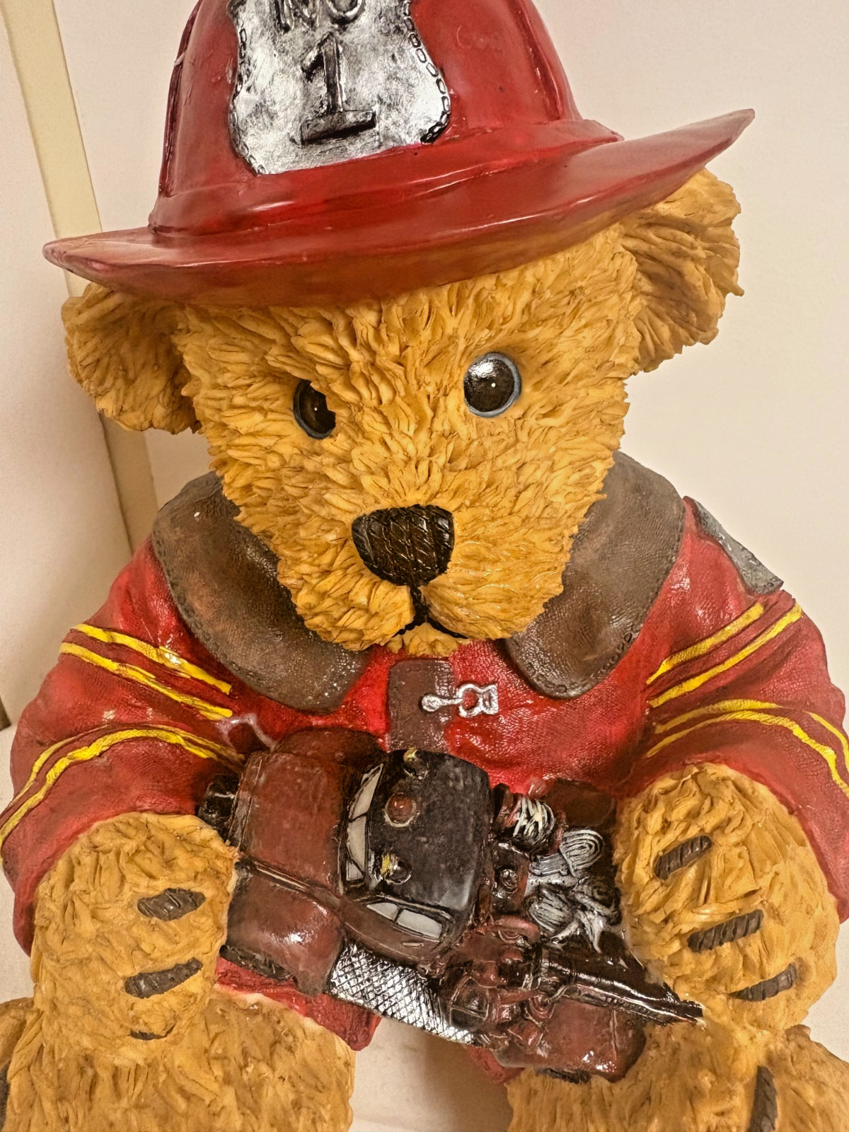 Vintage Large 10″ Resin Firefighter Teddy Bear Figurine W Fire Truck
