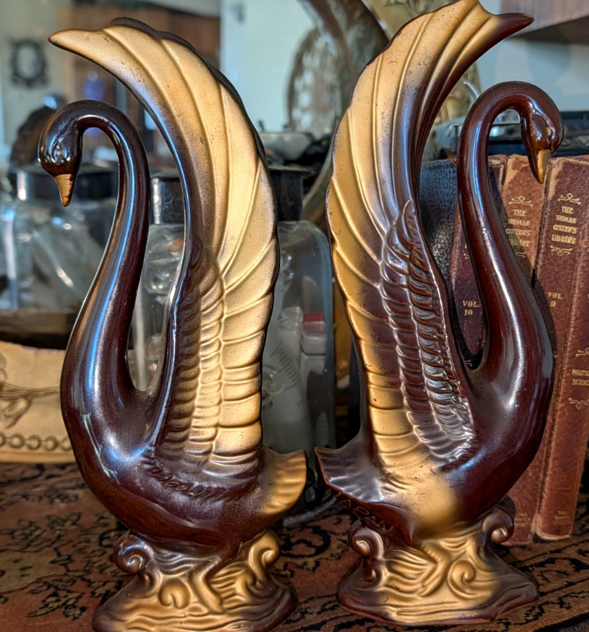 Vintage MCM Redware Swan Figurine Brown & Gold 10” Set of 2 (M13)