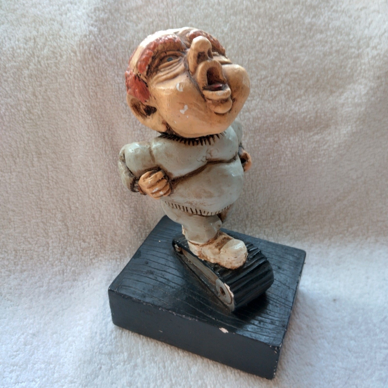 KIMRO 1969 “treadmill” exercise chalk ware statue, 6 1/2″ signed and dated