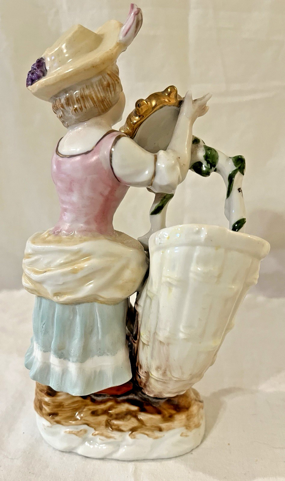 Antique Porcelain Figure Rococo Style Lady with Tambourine and Cornucopia, Bird