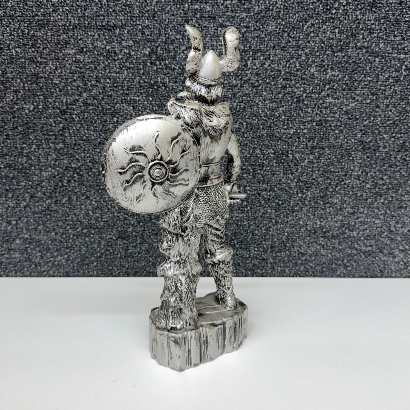 Vtg Enesco Viking Warrior Figurine Faux Silver Tone Norse Barbarian Statue 11.5″