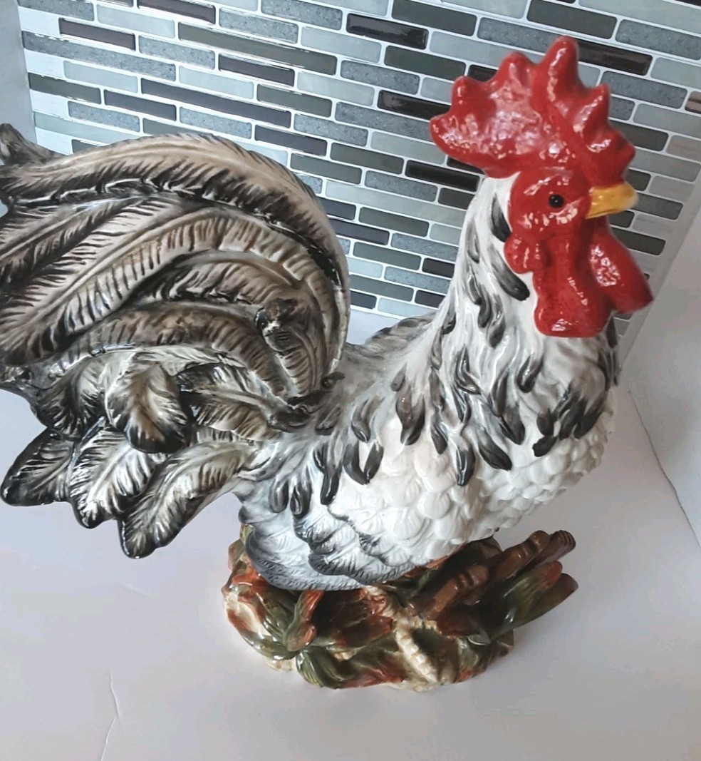 Noble Excellence Colorful & Stately Vtg 15″ Ceramic Rooster White & Black Read!