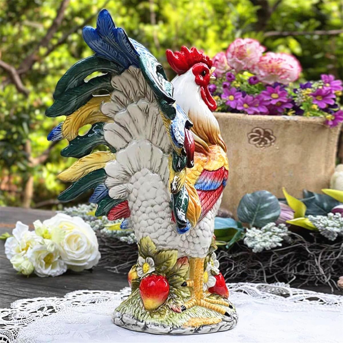 Ceramic Collectible Figurines Statue，3D Hand-Painted Large Strawberry Rooster…