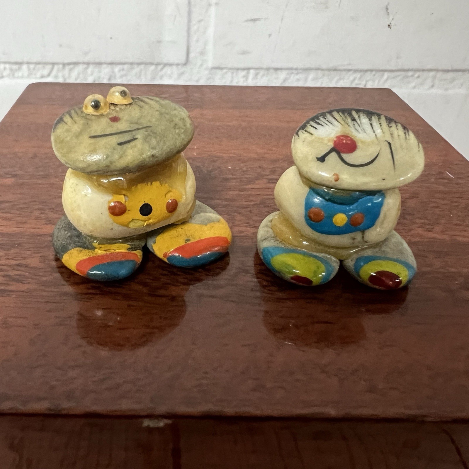 Vtg 1970s Hand Painted River Rock Figurine Folk Art Stone Man Pet Rock Lot of 2