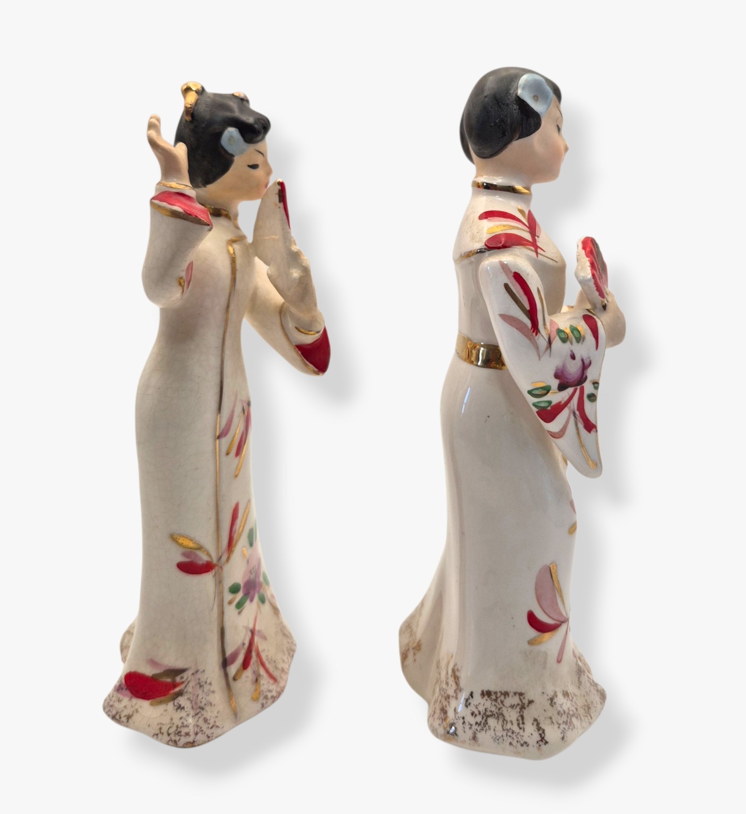Vintage Japan Geisha Figurines Pair Porcelain Asian Ladies Fans Floral Kimono 6″