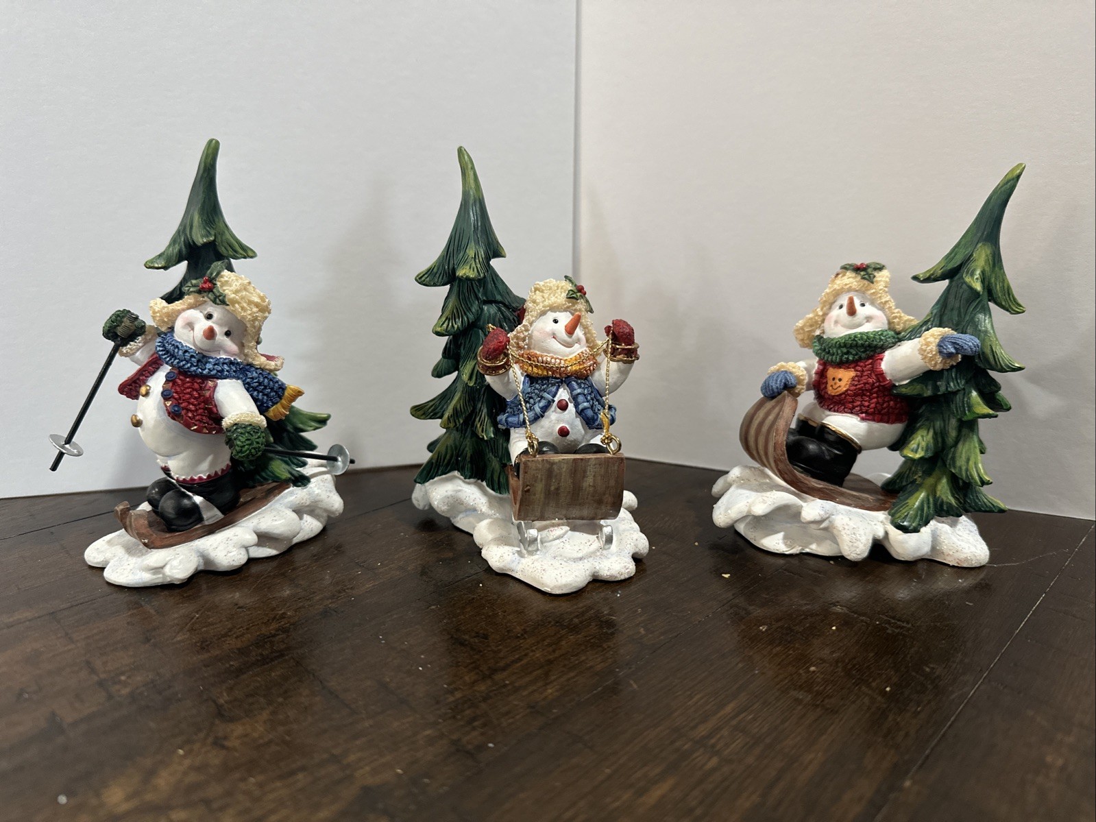 Home Interiors 3 Piece Snowmen Sledding and Skiing Retired