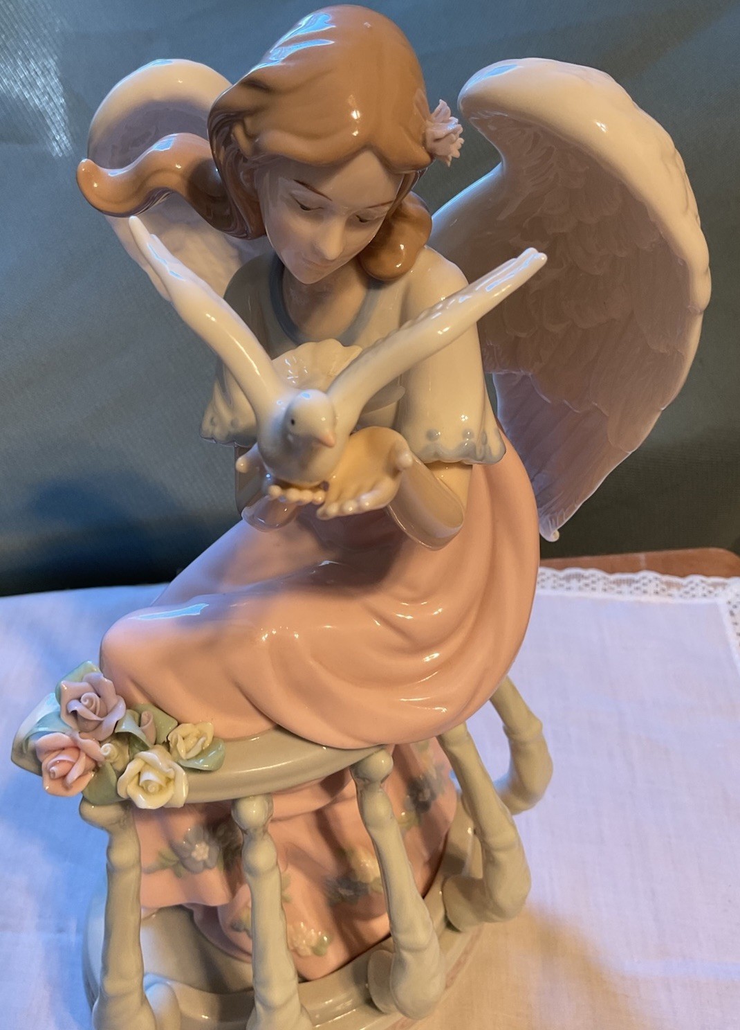 Porcelain Hand Painted Angel Garden Rail Dove in Hand 12” Figurine
