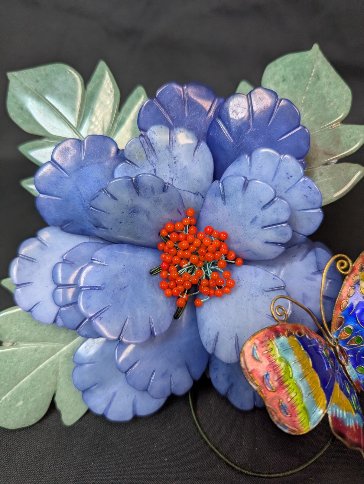 Vintage Hand Carved Green Blue Jade Flower Bouquet Cloisonne Butterfly Sculpture