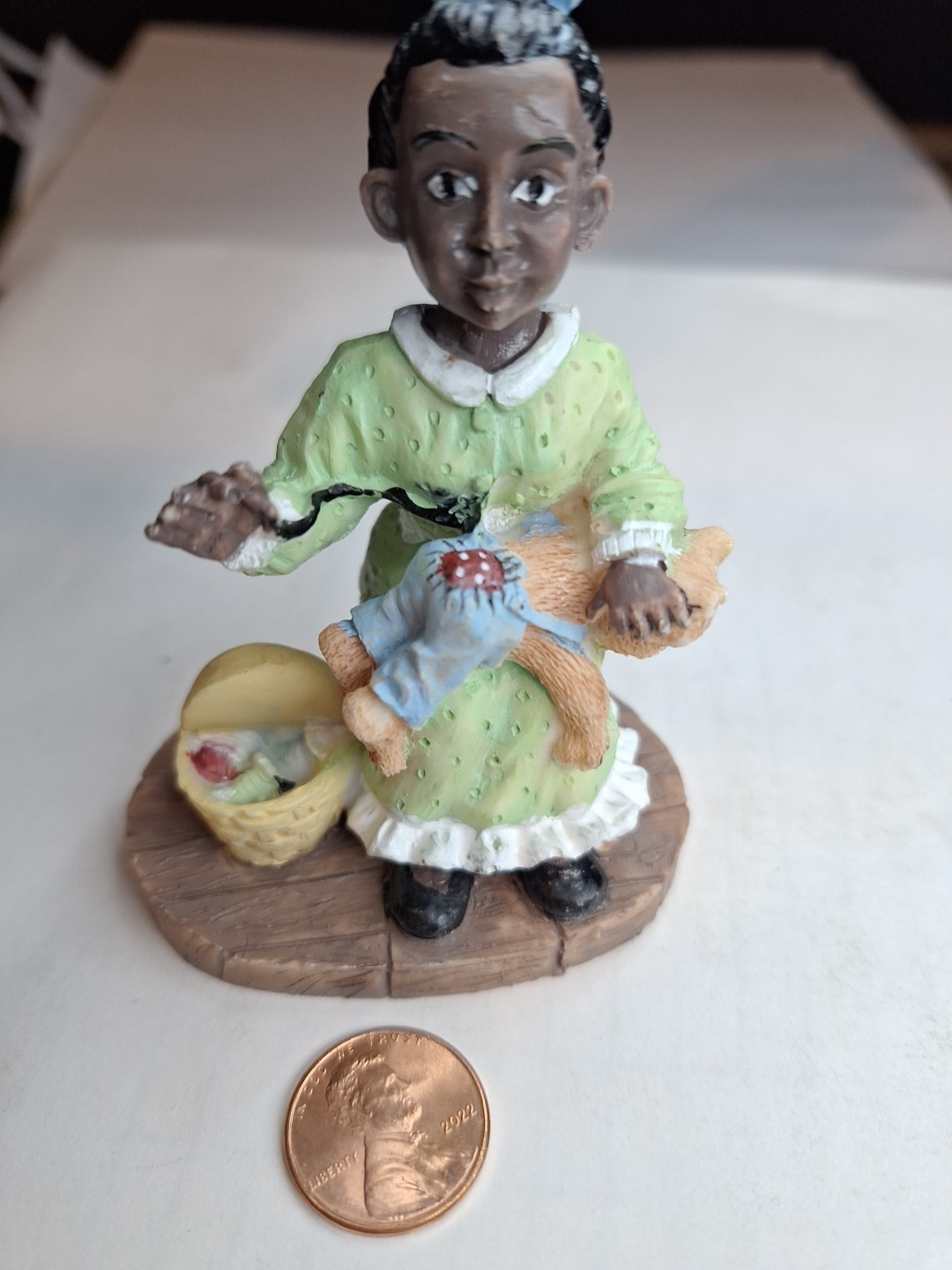African American Girl Spanking Teddy Bear Figurine 3 ½” Tall Green Dress Dv166