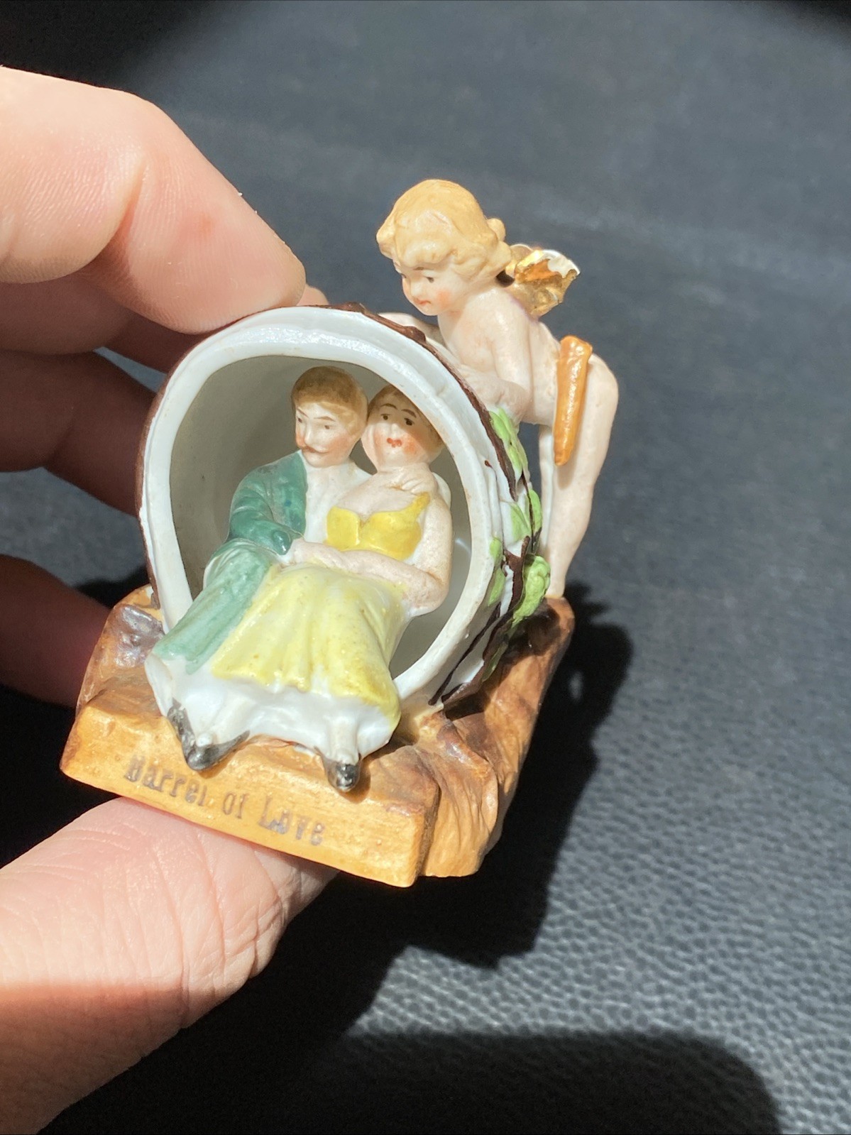 Antique Fair Souvenir Courting Couple Barrel of Love Cupid Cherub Angel AS IS*