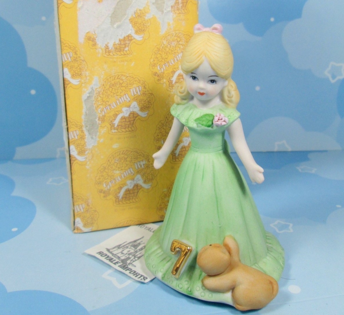 Enesco Growing Up Girls Birthday Age 7 Blonde Green Dress E2307 In Box