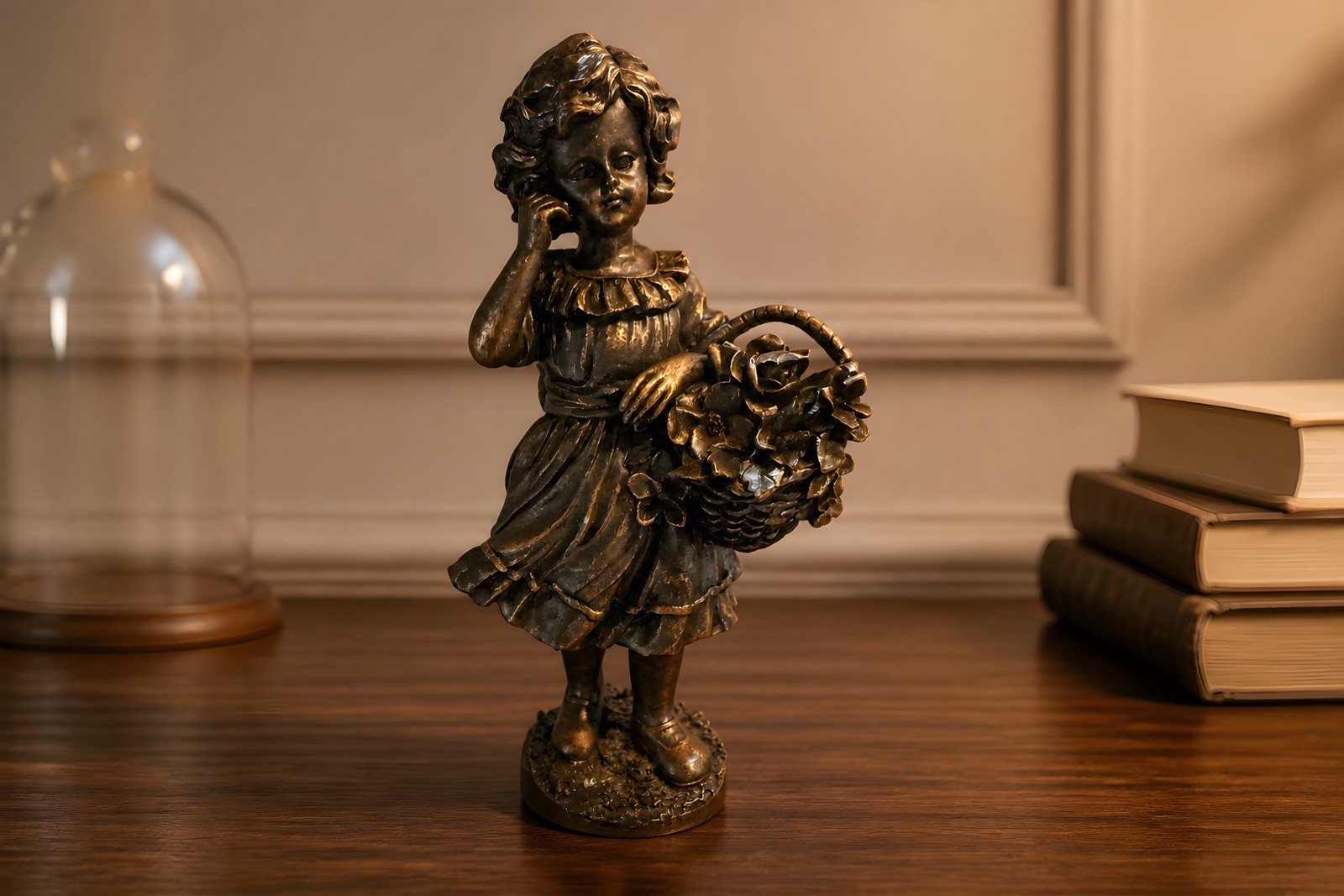 Vintage statuette of young girl and basket of flowers in a Bronze-like finish 8”