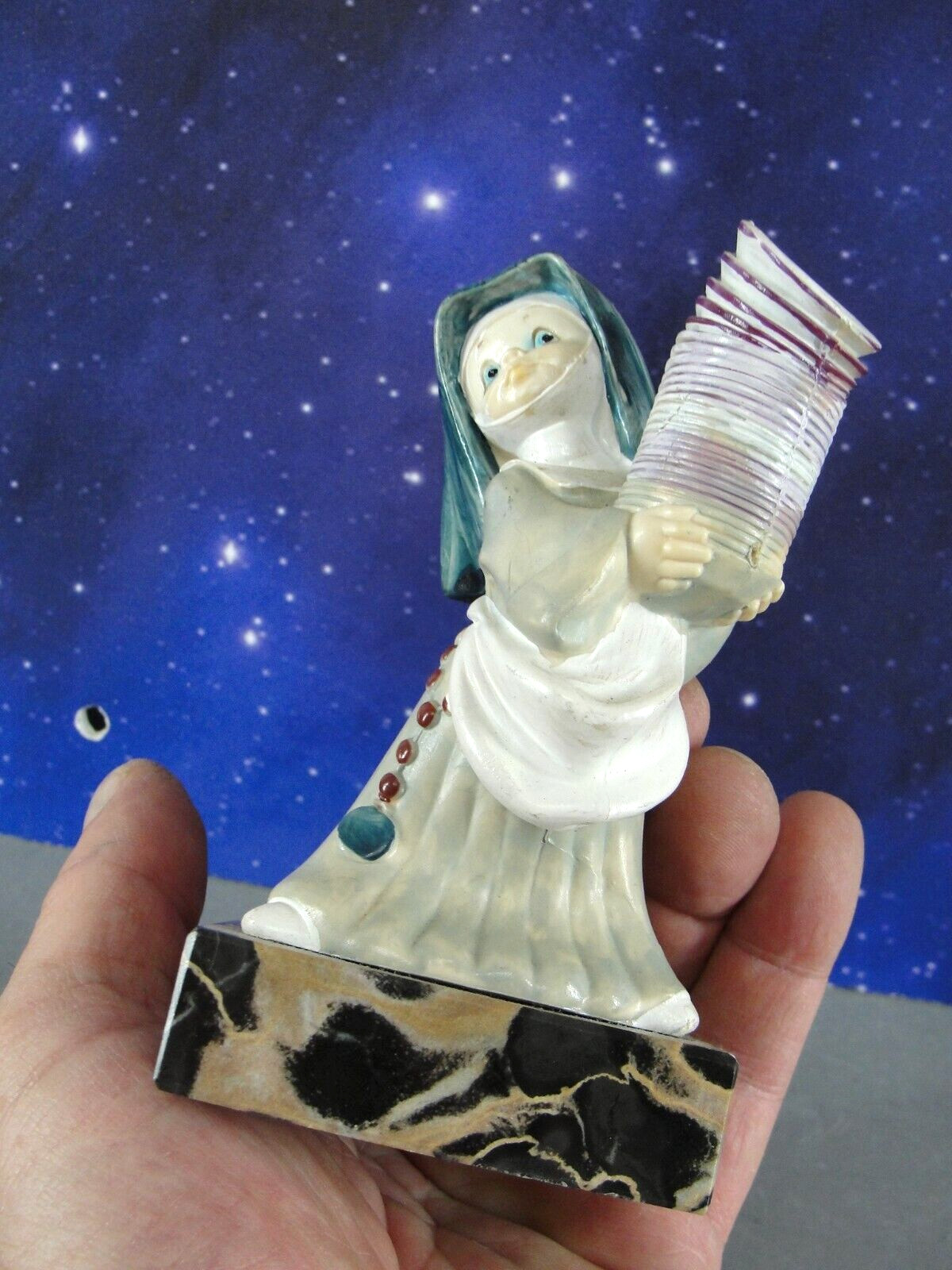 FONTANINI SIMONETTI DEPOSE NUN FIGURE CARRARA MARBLE BASE HAND PAINTED ITALY VTG