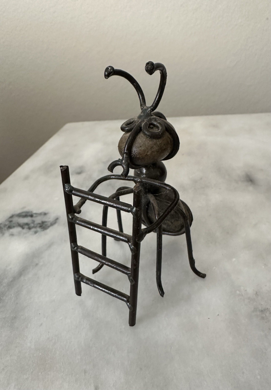 Metal Fishing Ant Stone Art Sculpture Unique Vintage Brutalist Art Oddity