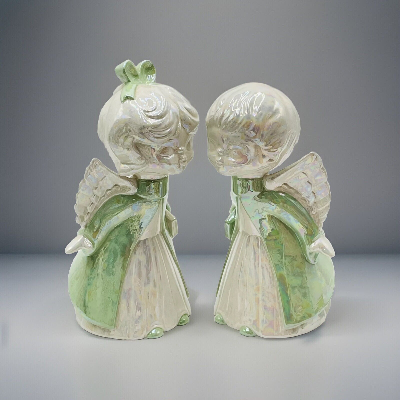 Vintage Pair Set 2 Ceramic Kissing Angel Figurines Opalescent White Green Kitsch