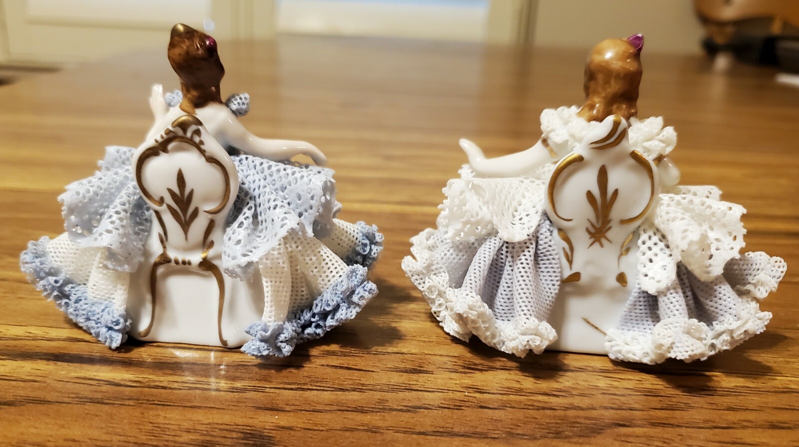 Pair Of Karl Klette Petite Ladies Of The Court Dresden Lace Figurines-seated 3″