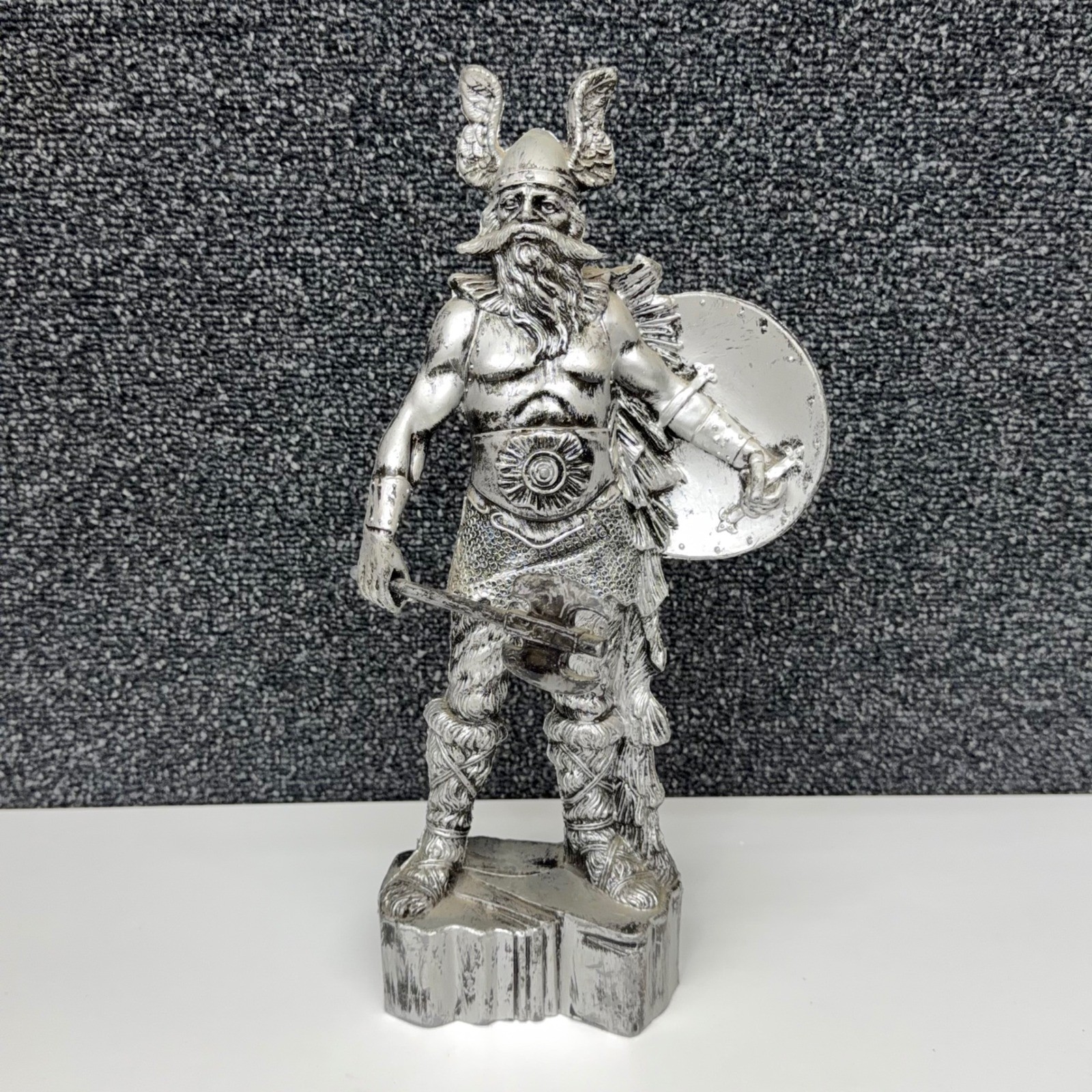 Vtg Enesco Viking Warrior Figurine Faux Silver Tone Norse Barbarian Statue 11.5″